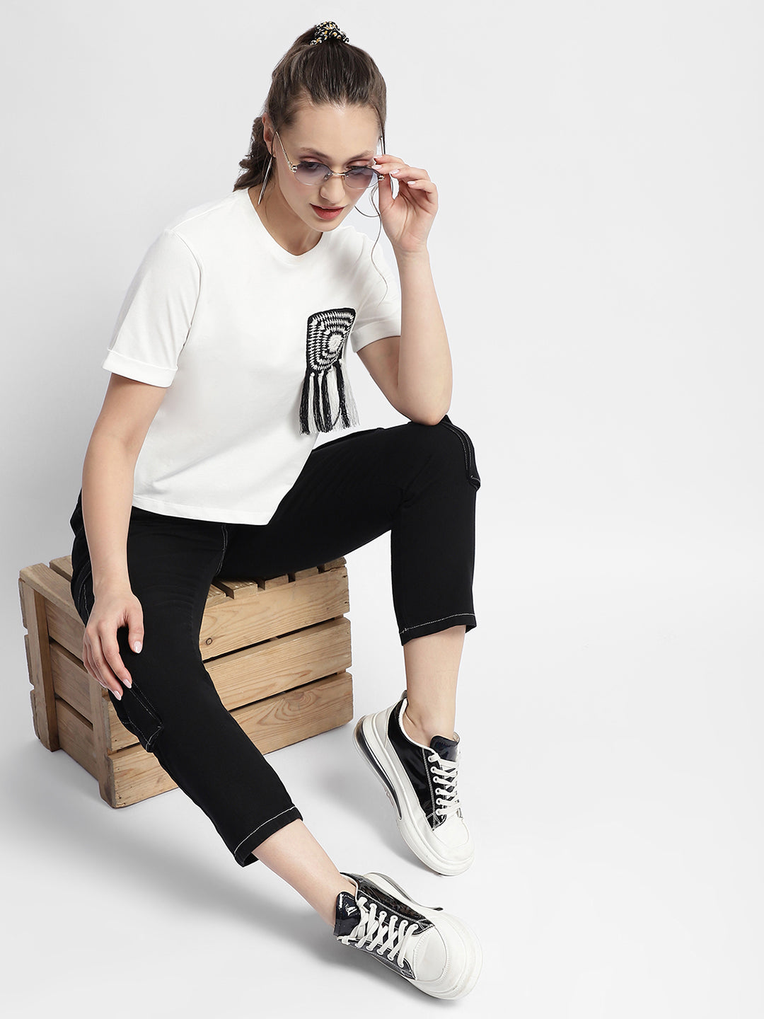 Madame Applique Pocket White Coloured T-Shirt