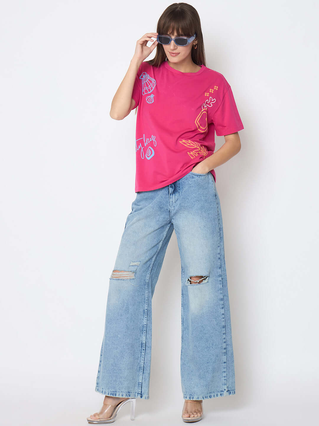 Hot pink Madame printed T-shirt for women featuring front and back designs, Western style, long sleeves, casual top.
