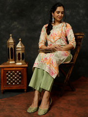 Green Kantha Work Printed Straight Kurta With Palazzo