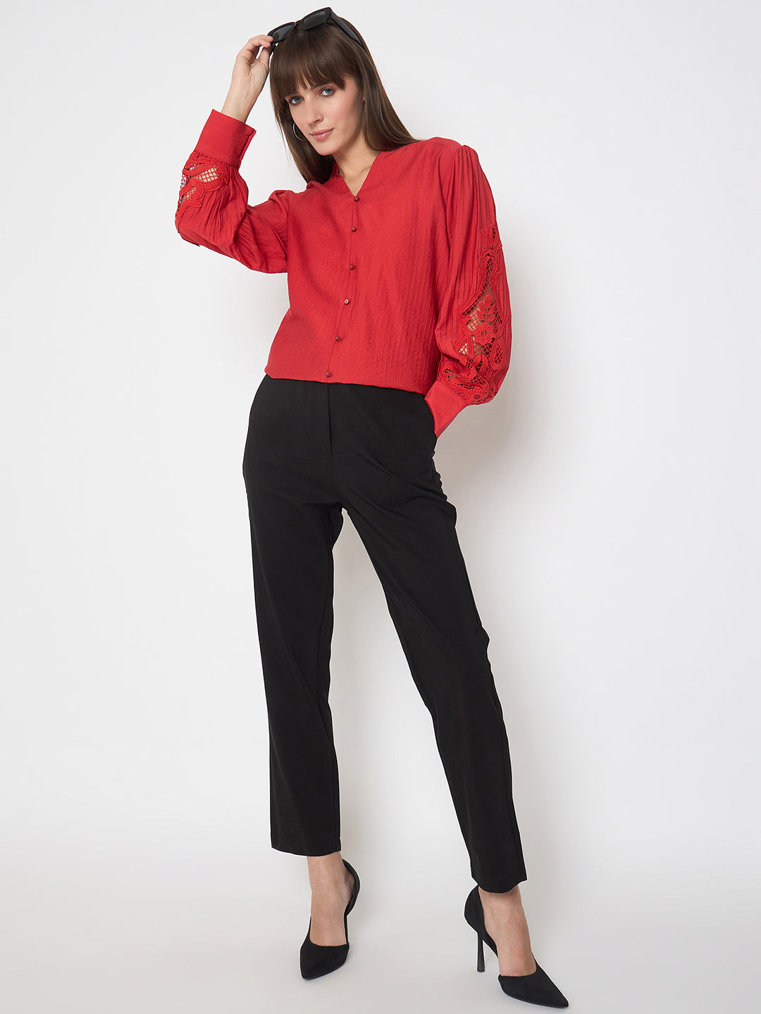 Madame Nylon Buttoned And Patched Red Top