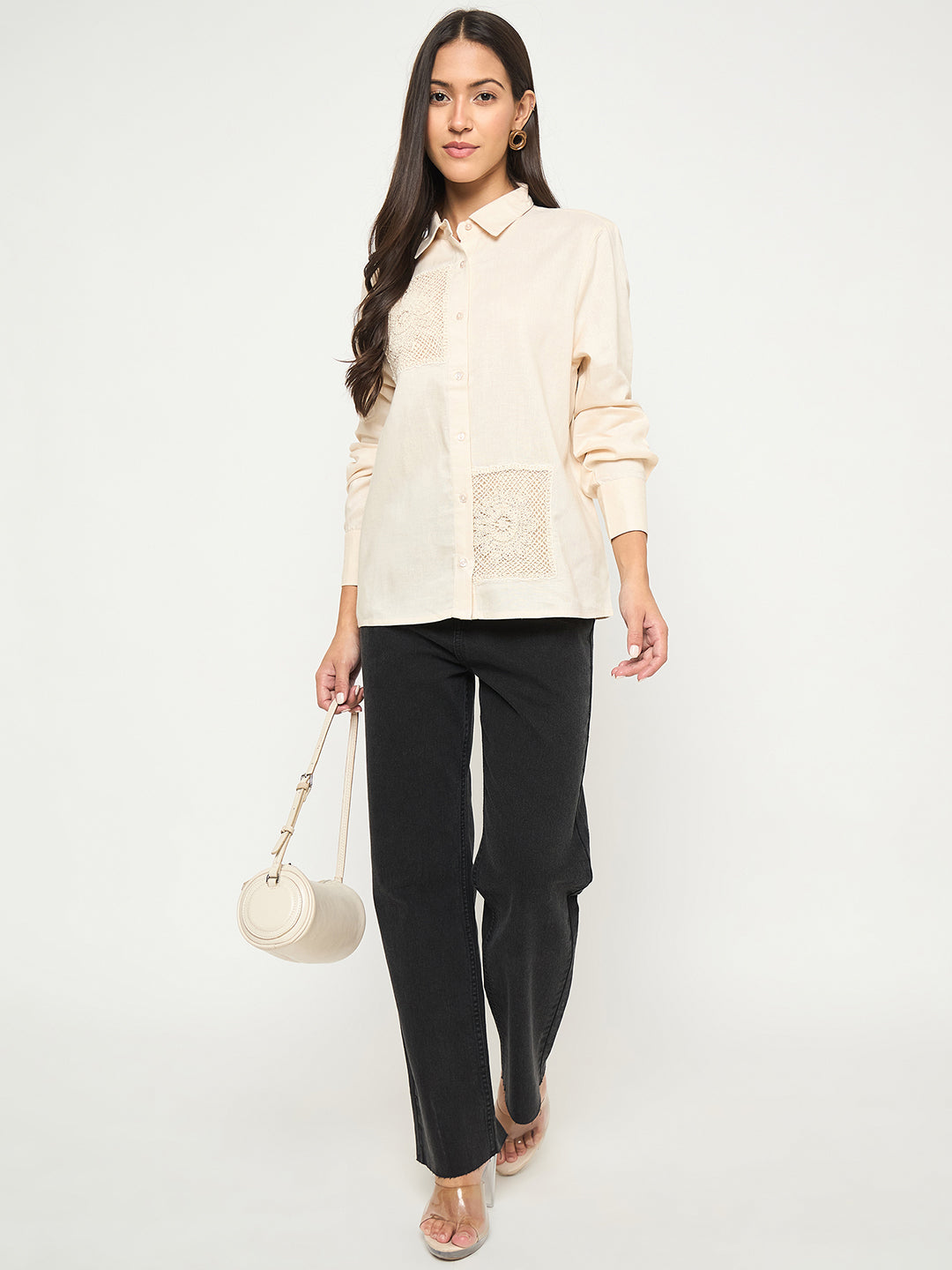Madame Patchwork And Lace Detailed Beige Cotton Shirt