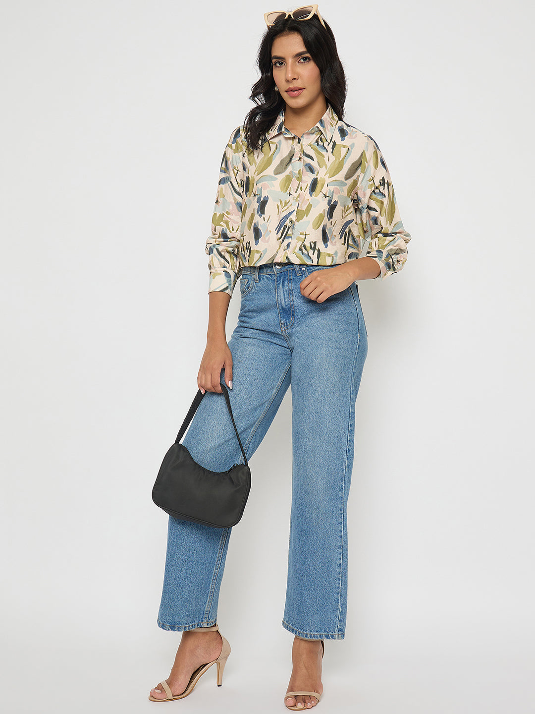 Madame Abstract Print Olive Green Rayon Blend Shirt