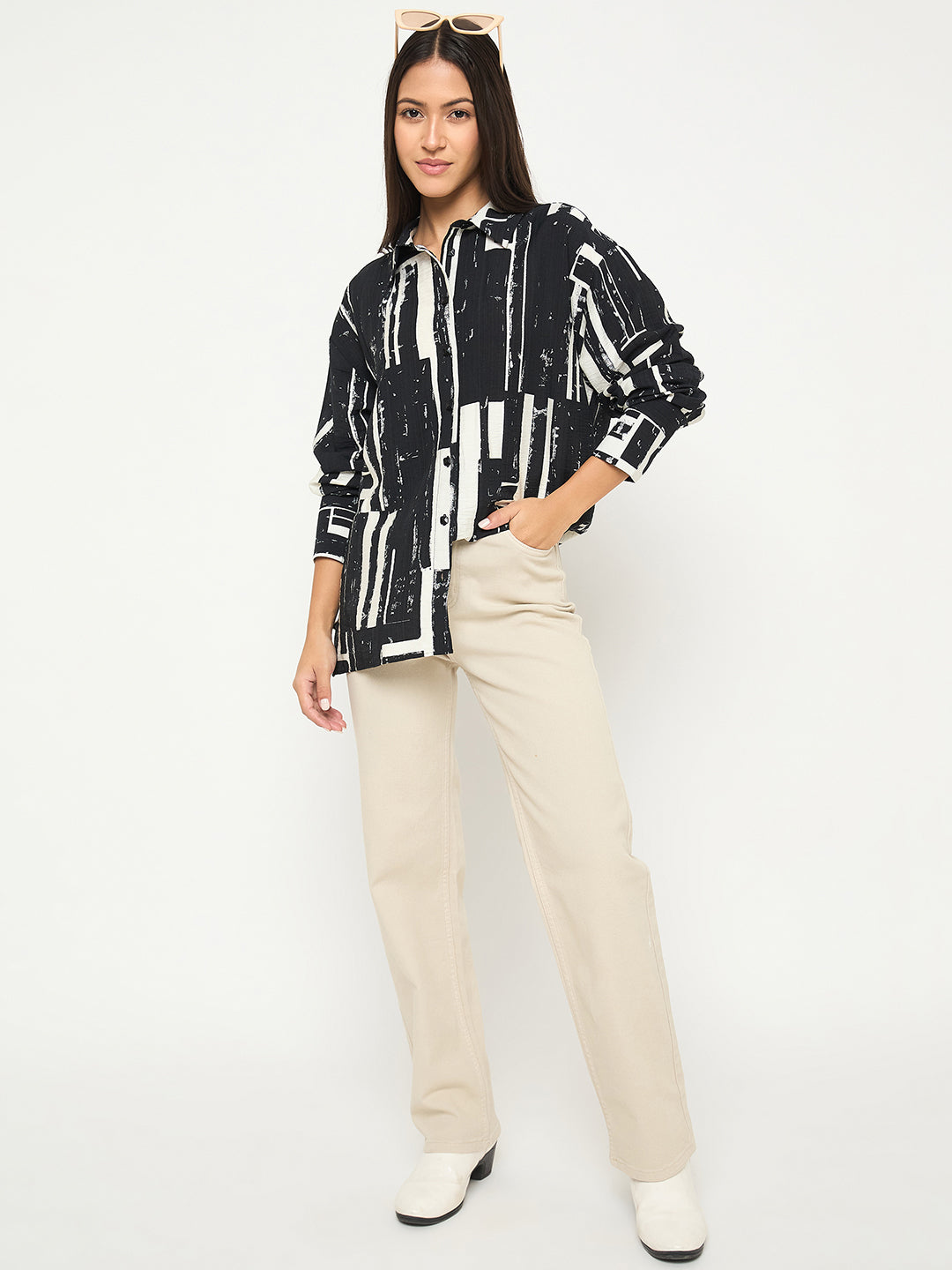 Madame women's black cotton blend Western-style full shirt with all-over print, long sleeves, and classic collar.