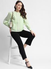 Madame Schiffli Adorned Puff Sleeve Mint Green Top