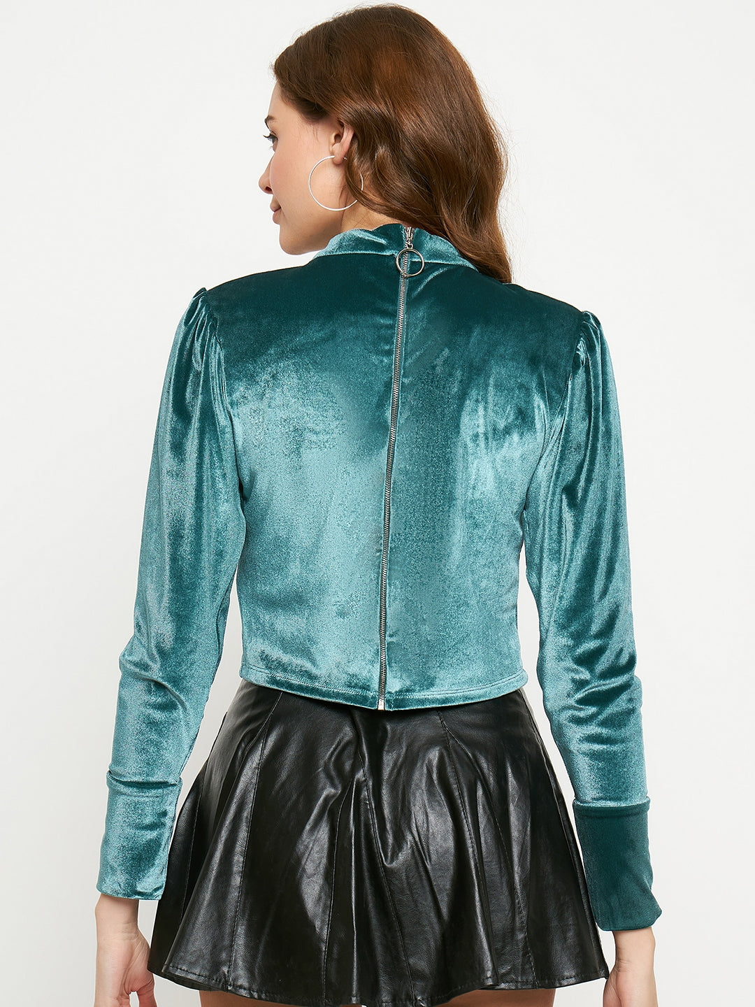 Madame Peacock Blue Rhinestone Embellished Mock Neck Velvet Top