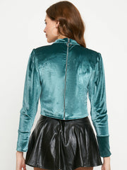 Madame Peacock Blue Rhinestone Embellished Mock Neck Velvet Top