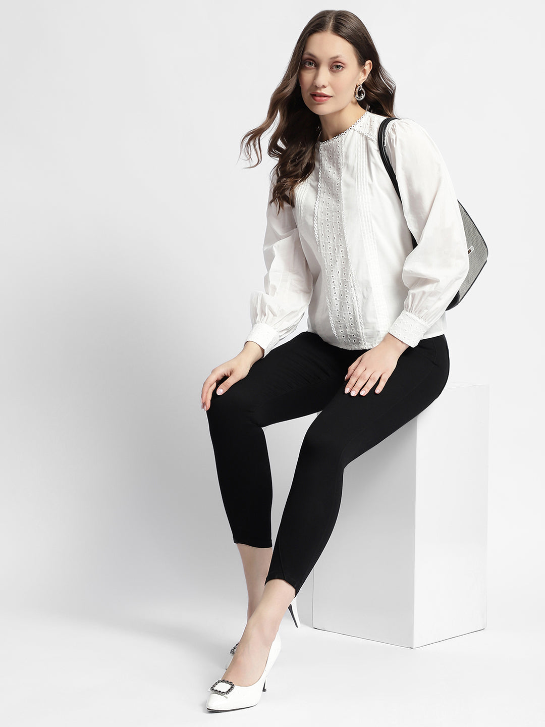 Madame Schiffli Adorned Puff Sleeve White Top