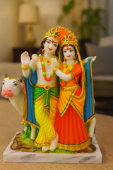 Blissful Radha Krishna Statue With Kamadhenu Cow