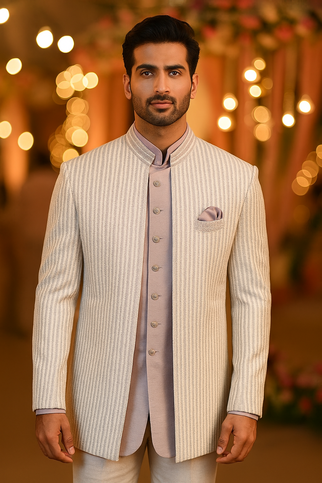 Ivory Striped 3-Piece Indo-Western Coat Set The "Starlight Weave" Sequin & Lavender Jodhpuri Set