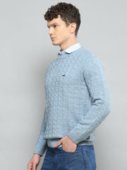 Men Sky Blue Self Design Round Neck Full Sleeve Pullover