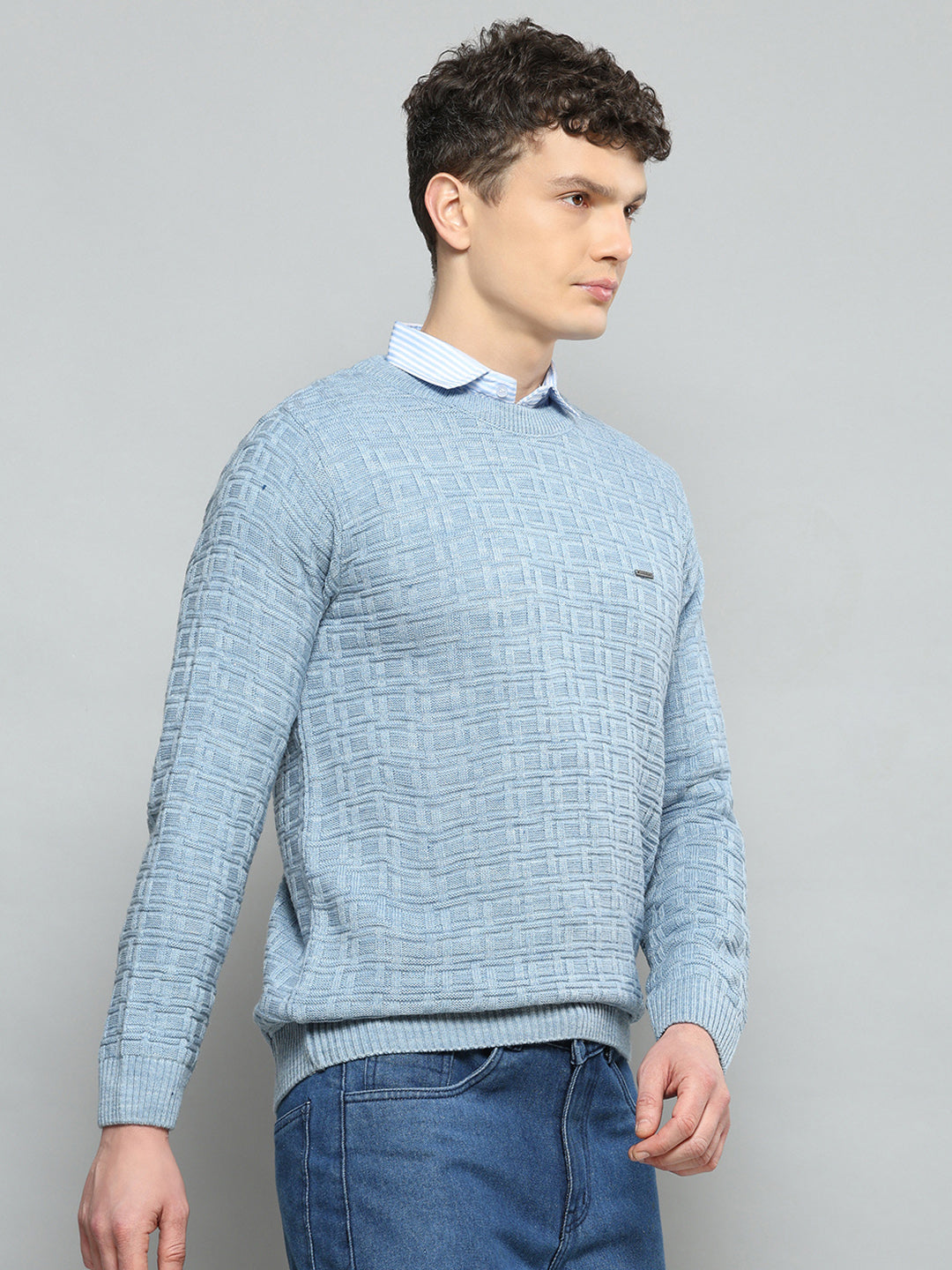 Men Sky Blue Self Design Round Neck Full Sleeve Pullover