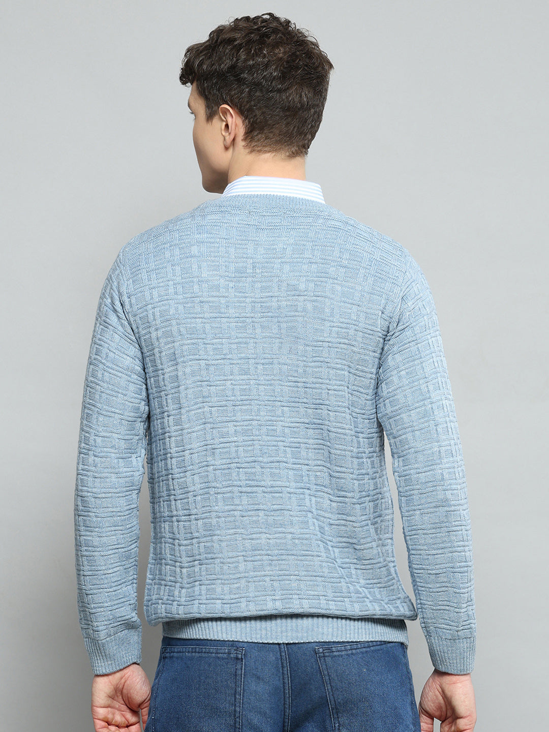 Men Sky Blue Self Design Round Neck Full Sleeve Pullover