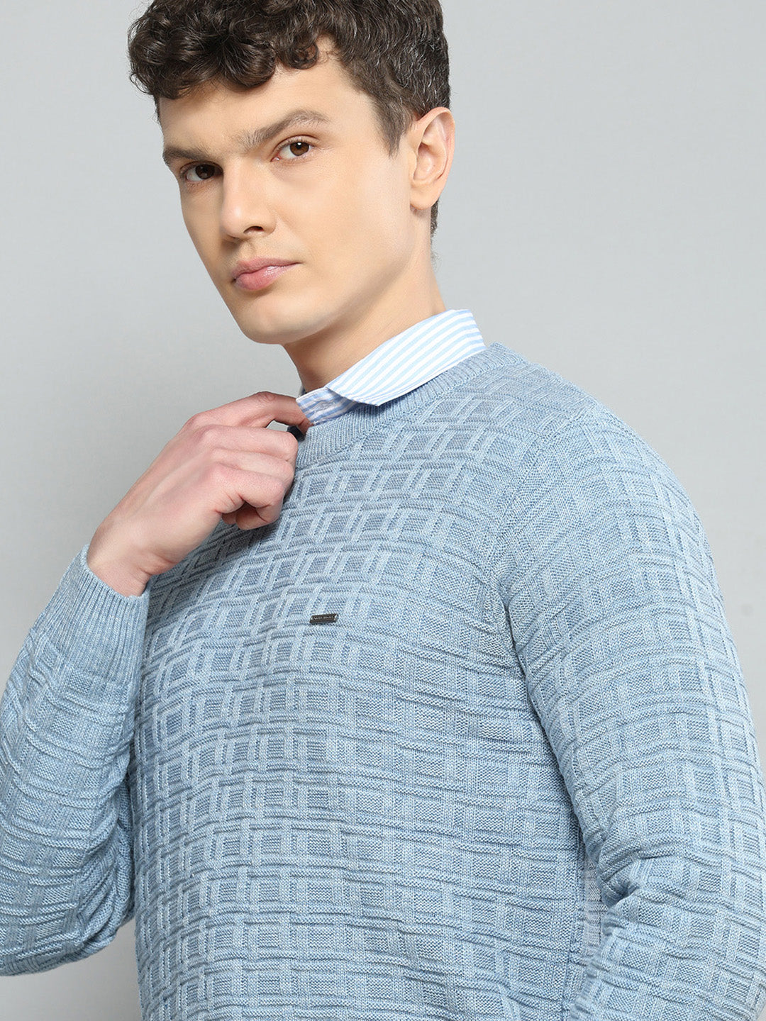 Men Sky Blue Self Design Round Neck Full Sleeve Pullover