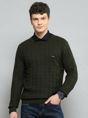 Men Olive Self Design Round Neck Full Sleeve Pullover - Goyalsons ShopMax