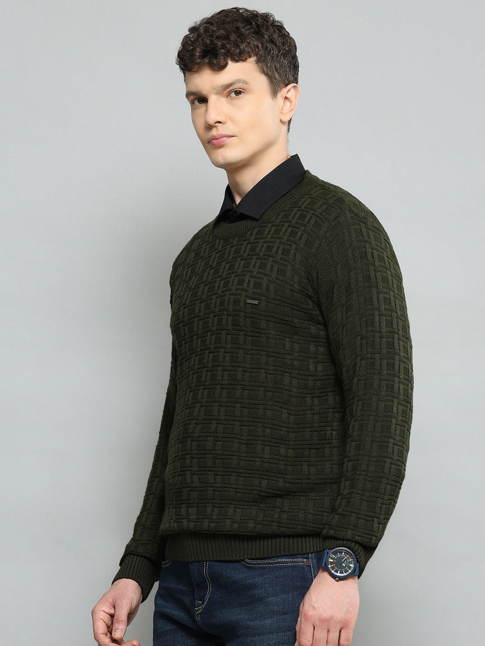 Men Olive Self Design Round Neck Full Sleeve Pullover - Goyalsons ShopMax