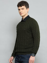 Men Olive Self Design Round Neck Full Sleeve Pullover - Goyalsons ShopMax