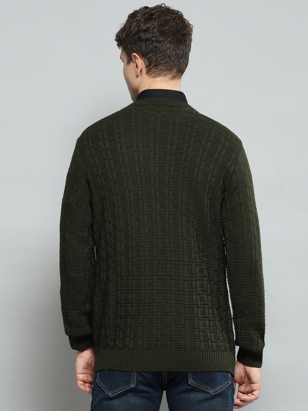 Men Olive Self Design Round Neck Full Sleeve Pullover - Goyalsons ShopMax