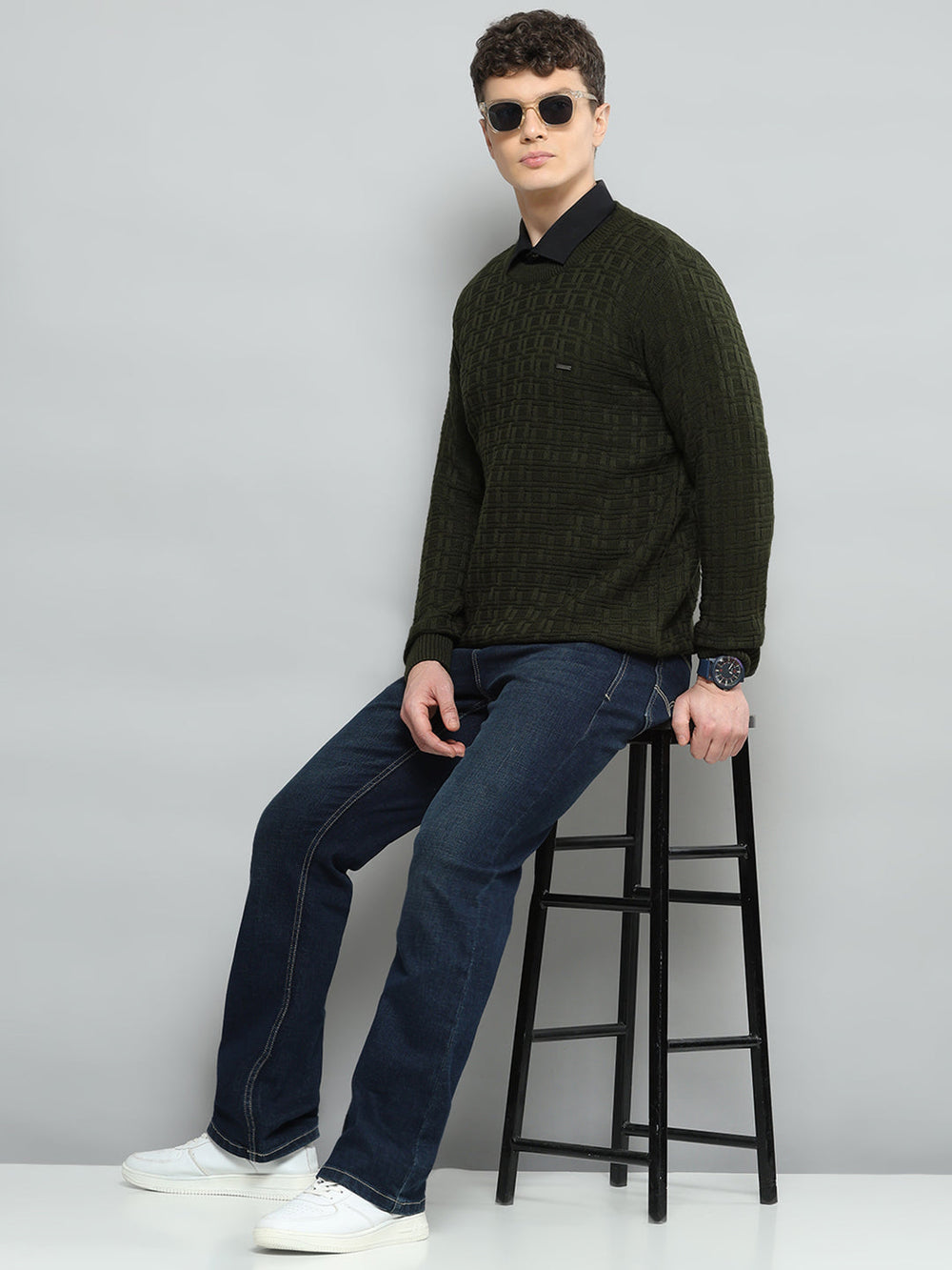Men Olive Self Design Round Neck Full Sleeve Pullover - Goyalsons ShopMax