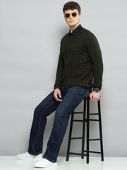 Men Olive Self Design Round Neck Full Sleeve Pullover - Goyalsons ShopMax