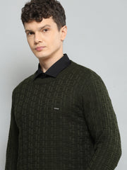 Men Olive Self Design Round Neck Full Sleeve Pullover - Goyalsons ShopMax