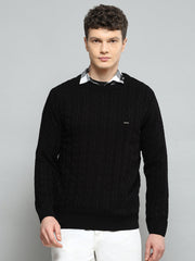 Men Black Self Design Round Neck Full Sleeve Pullover