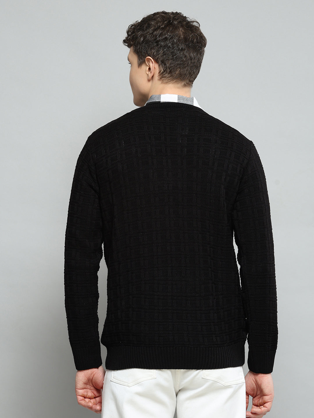 Men Black Self Design Round Neck Full Sleeve Pullover