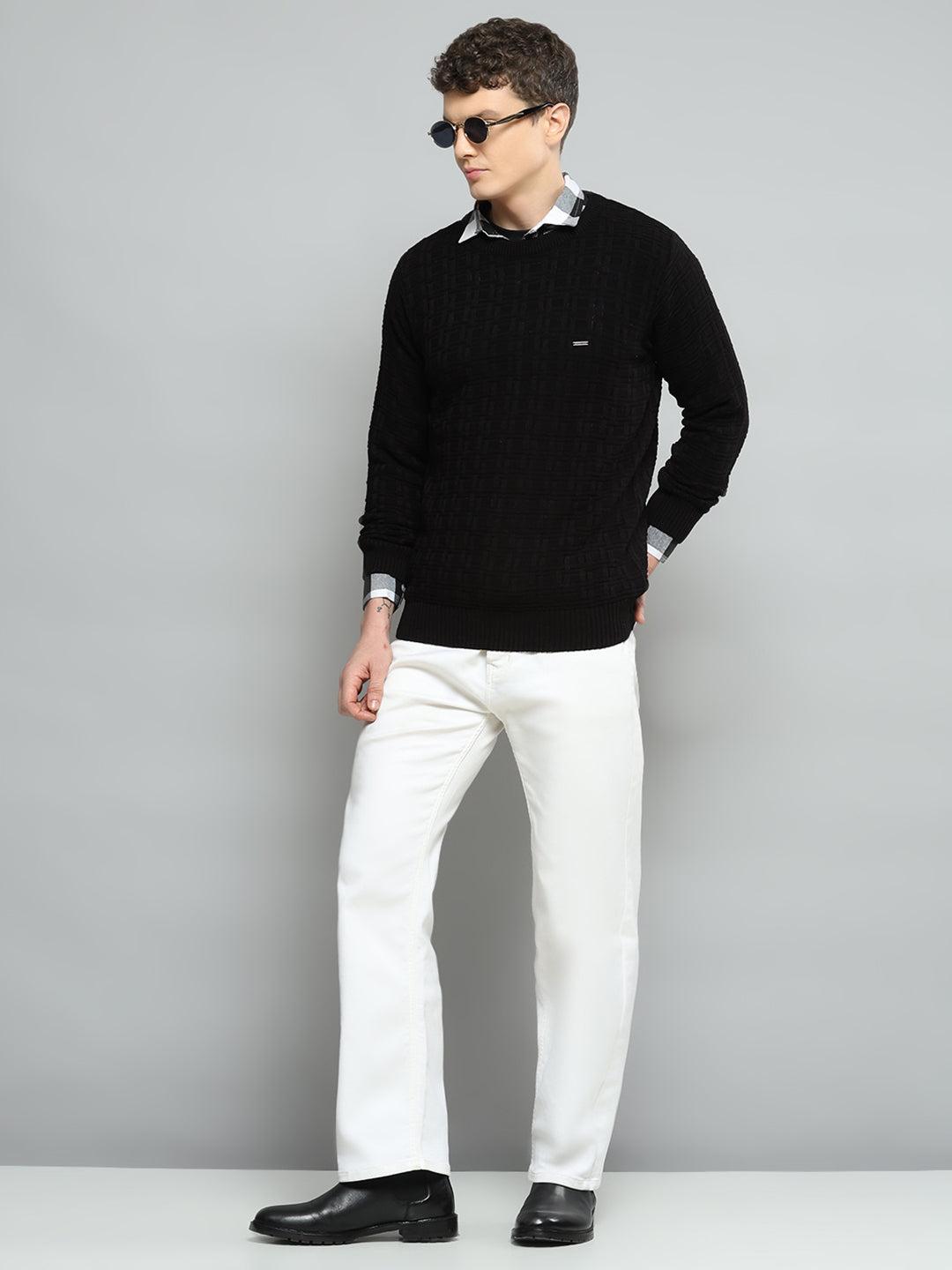 Men Black Self Design Round Neck Full Sleeve Pullover