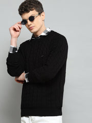 Men Black Self Design Round Neck Full Sleeve Pullover