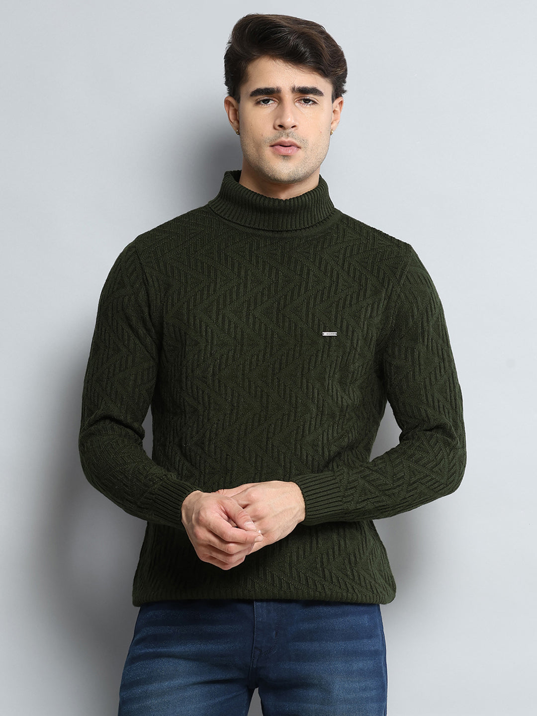 Men Olive Self Design High Neck Full Sleeve Pullover