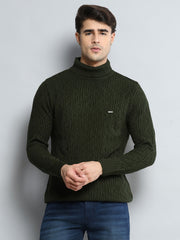 Men Olive Self Design High Neck Full Sleeve Pullover