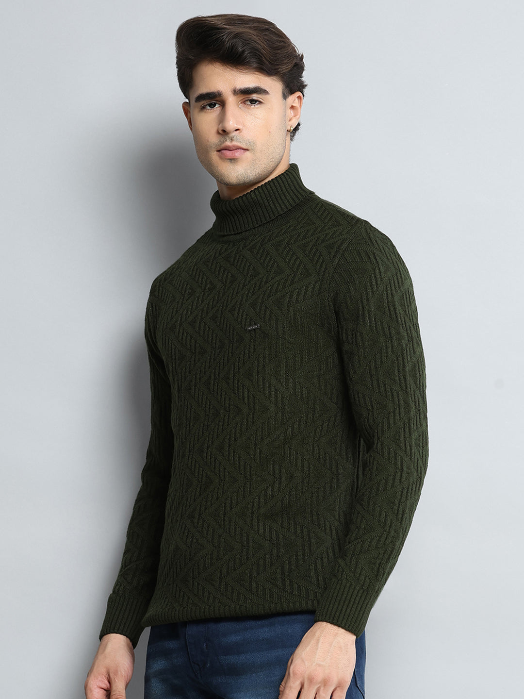 Men Olive Self Design High Neck Full Sleeve Pullover