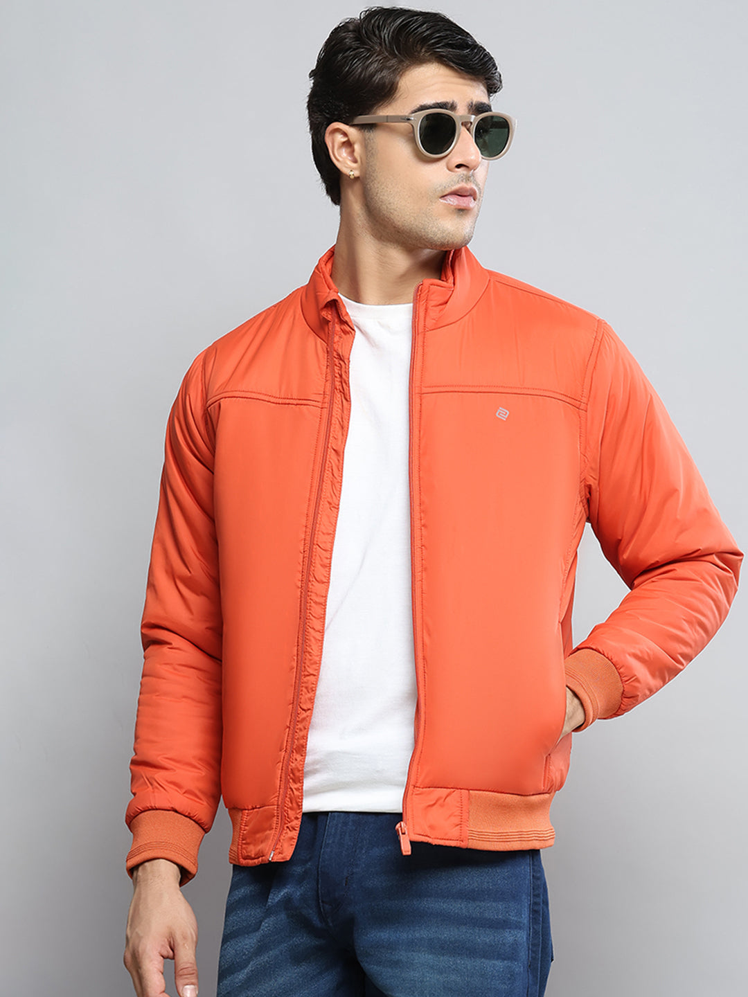 Men Orange Solid Mock Neck Full Sleeve Jacket