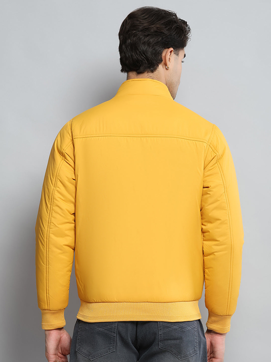 Men Mustard Solid Mock Neck Full Sleeve Jacket
