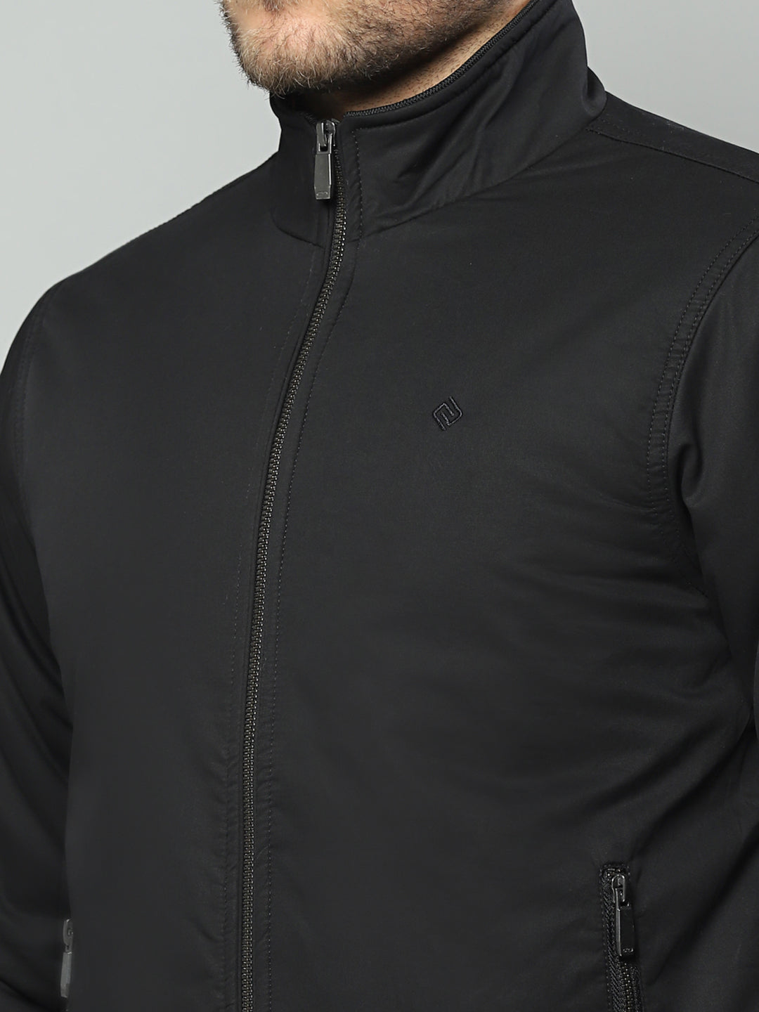 Men Black Solid Collar Full Sleeve Jacket