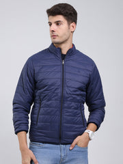 Men Navy Blue Solid Mock Neck Full Sleeve Jacket