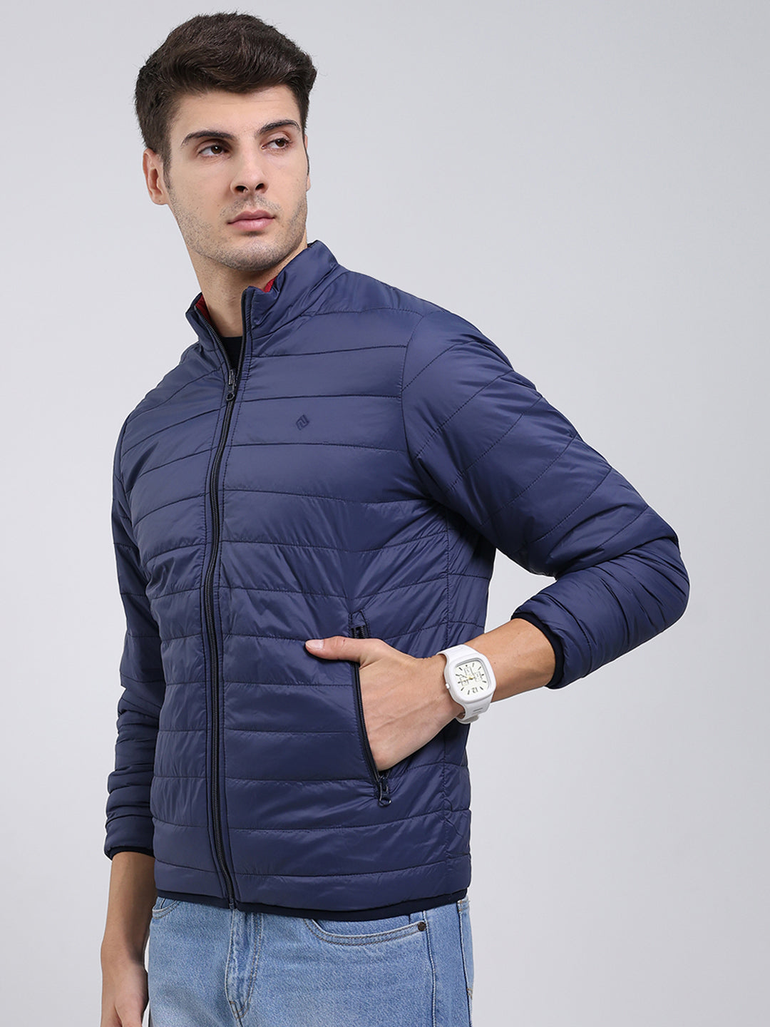 Men Navy Blue Solid Mock Neck Full Sleeve Jacket