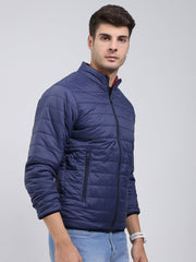 Men Navy Blue Solid Mock Neck Full Sleeve Jacket