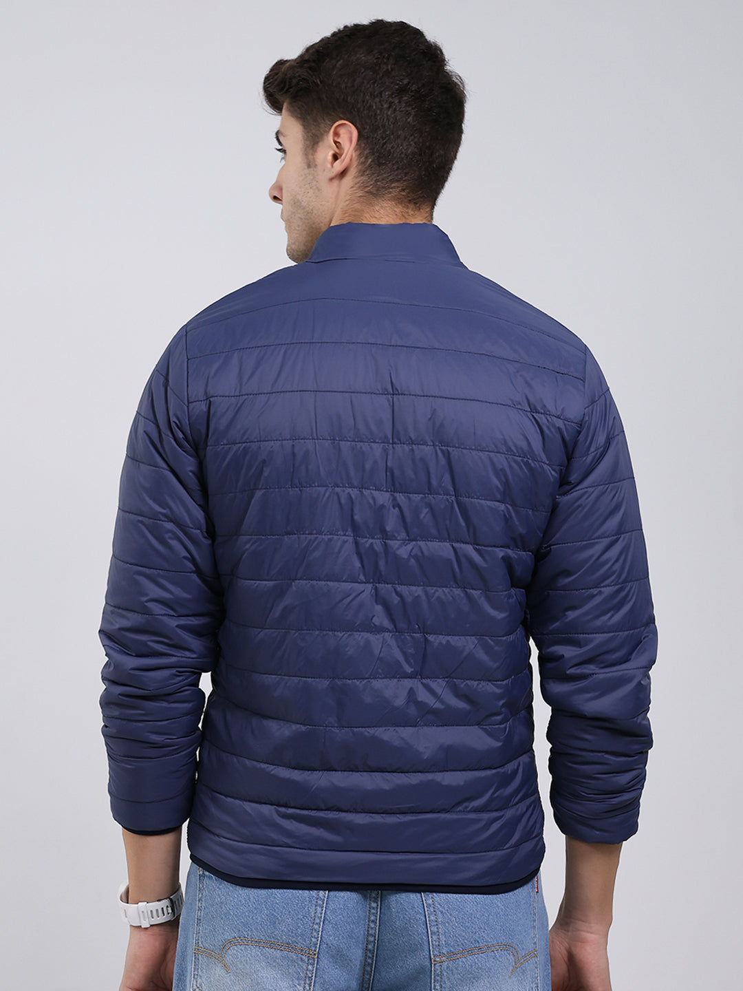 Men Navy Blue Solid Mock Neck Full Sleeve Jacket