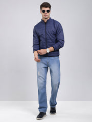 Men Navy Blue Solid Mock Neck Full Sleeve Jacket