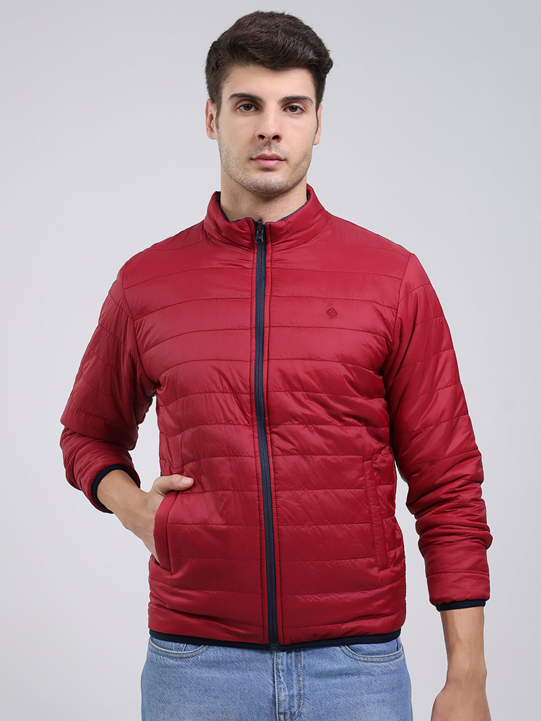 Men Navy Blue Solid Mock Neck Full Sleeve Jacket