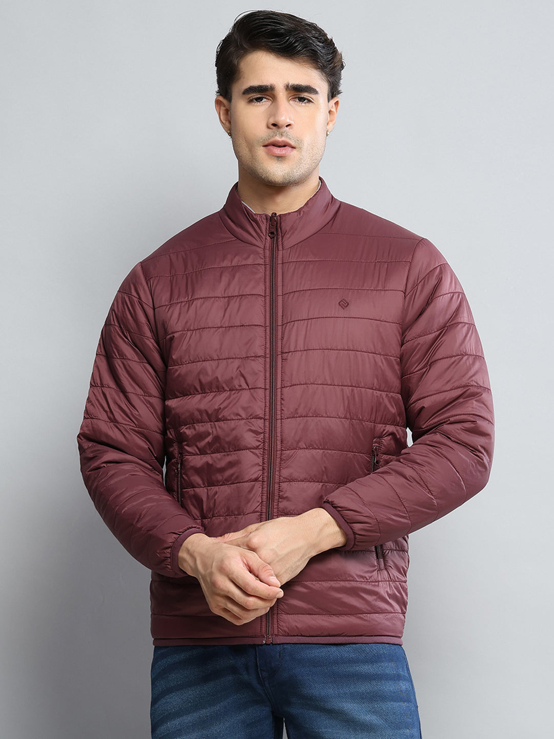 Men Maroon Solid Mock Neck Full Sleeve Jacket - Goyalsons ShopMax