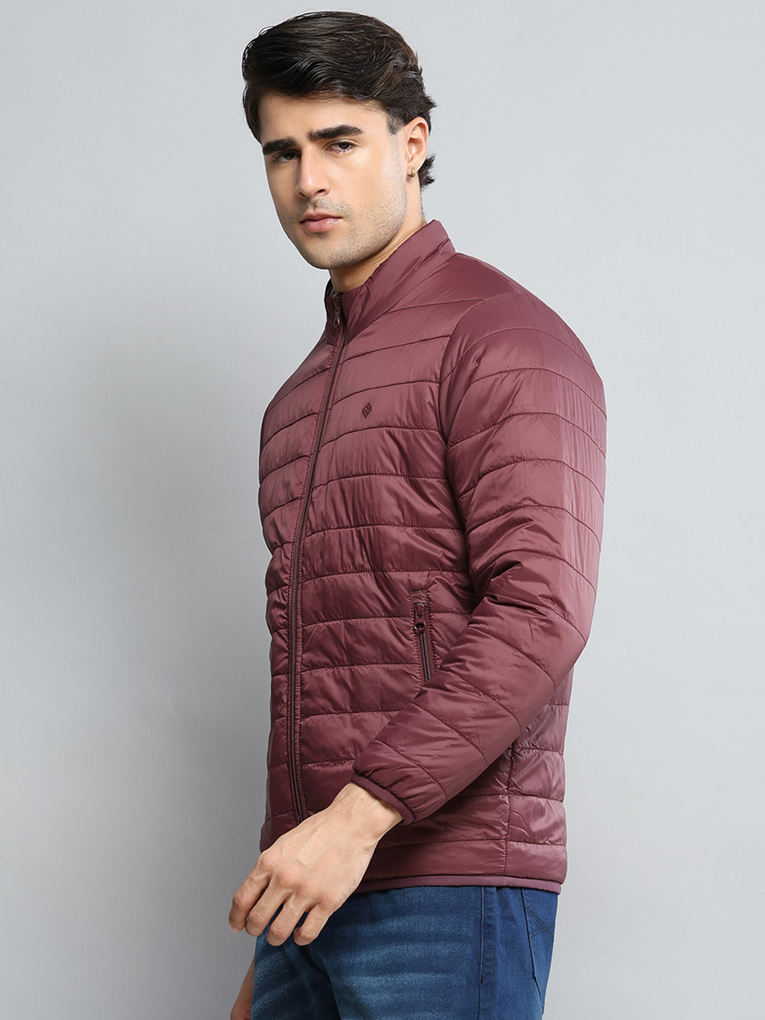 Men Maroon Solid Mock Neck Full Sleeve Jacket - Goyalsons ShopMax