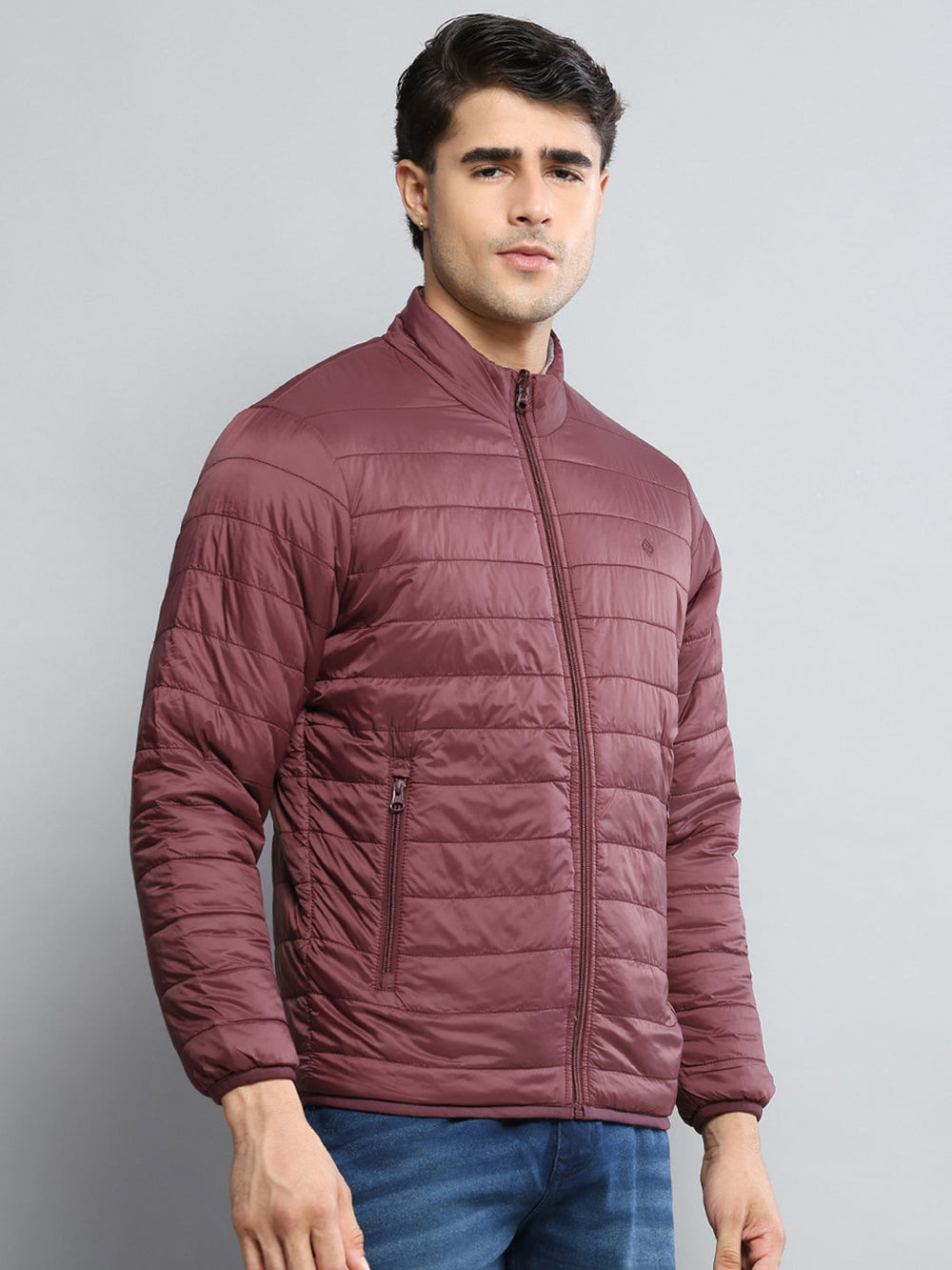 Men Maroon Solid Mock Neck Full Sleeve Jacket - Goyalsons ShopMax