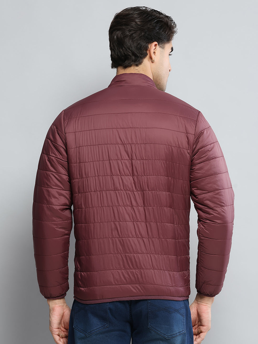 Men Maroon Solid Mock Neck Full Sleeve Jacket - Goyalsons ShopMax