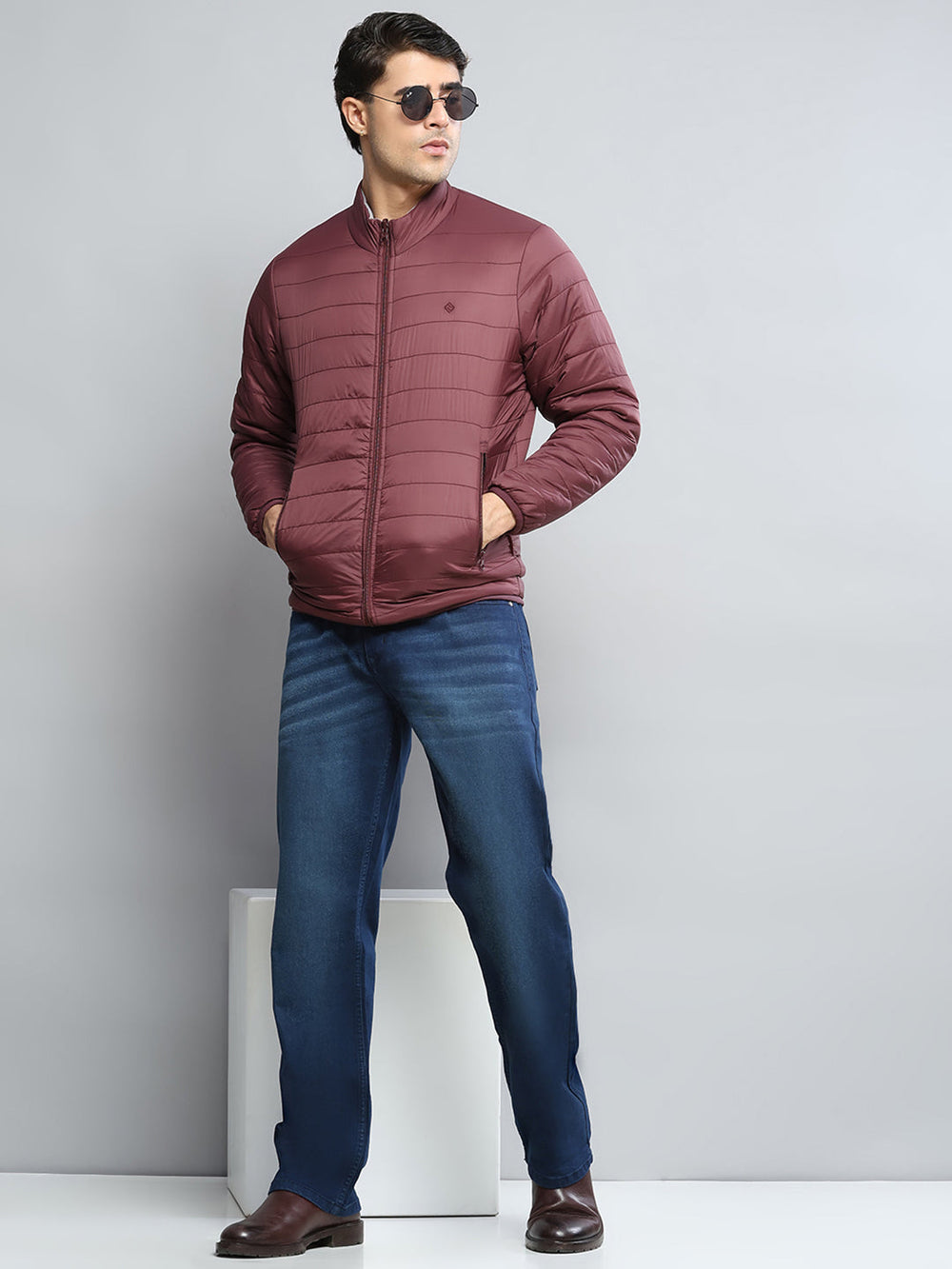 Men Maroon Solid Mock Neck Full Sleeve Jacket - Goyalsons ShopMax