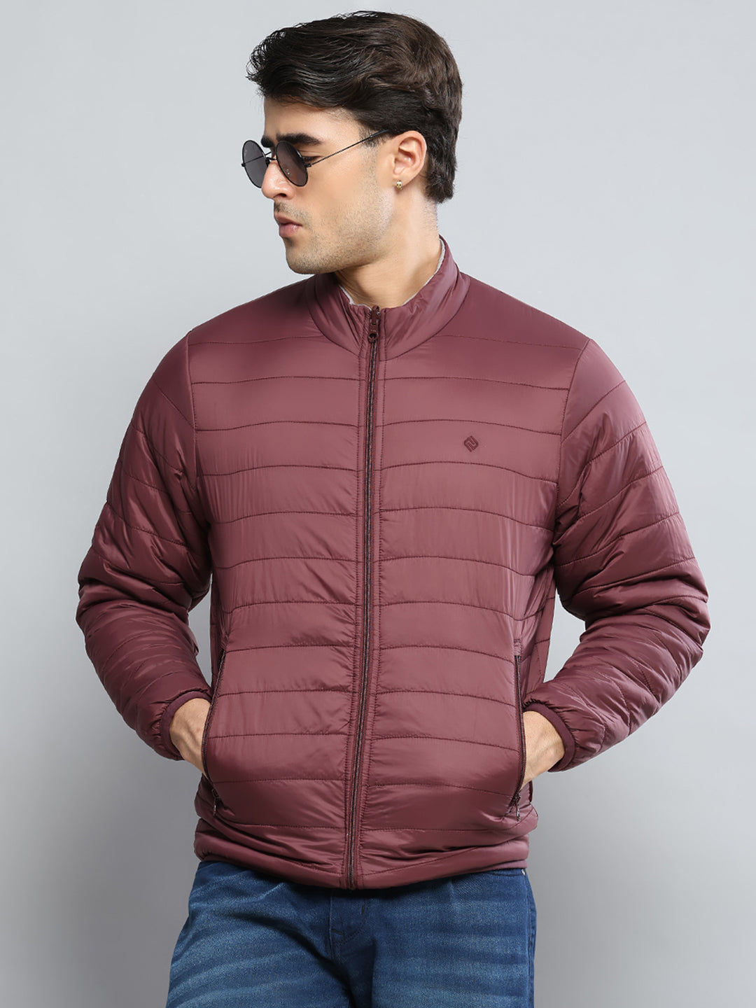 Men Maroon Solid Mock Neck Full Sleeve Jacket - Goyalsons ShopMax