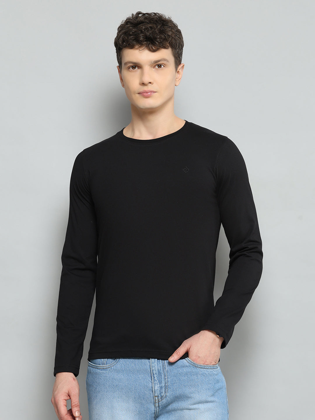 Men Black Solid Round Neck Full Sleeve T-Shirt - Goyalsons ShopMax