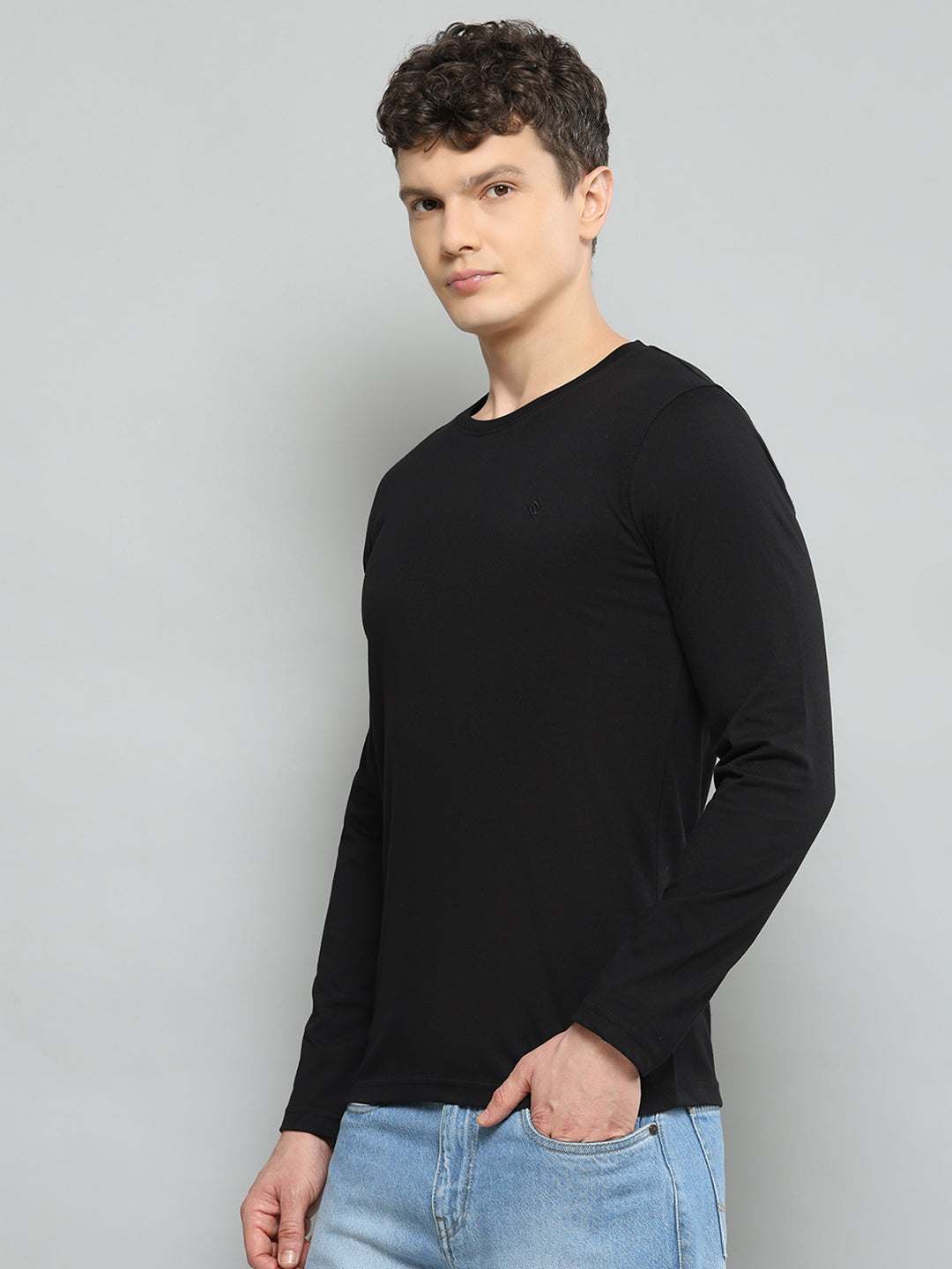 Men Black Solid Round Neck Full Sleeve T-Shirt - Goyalsons ShopMax