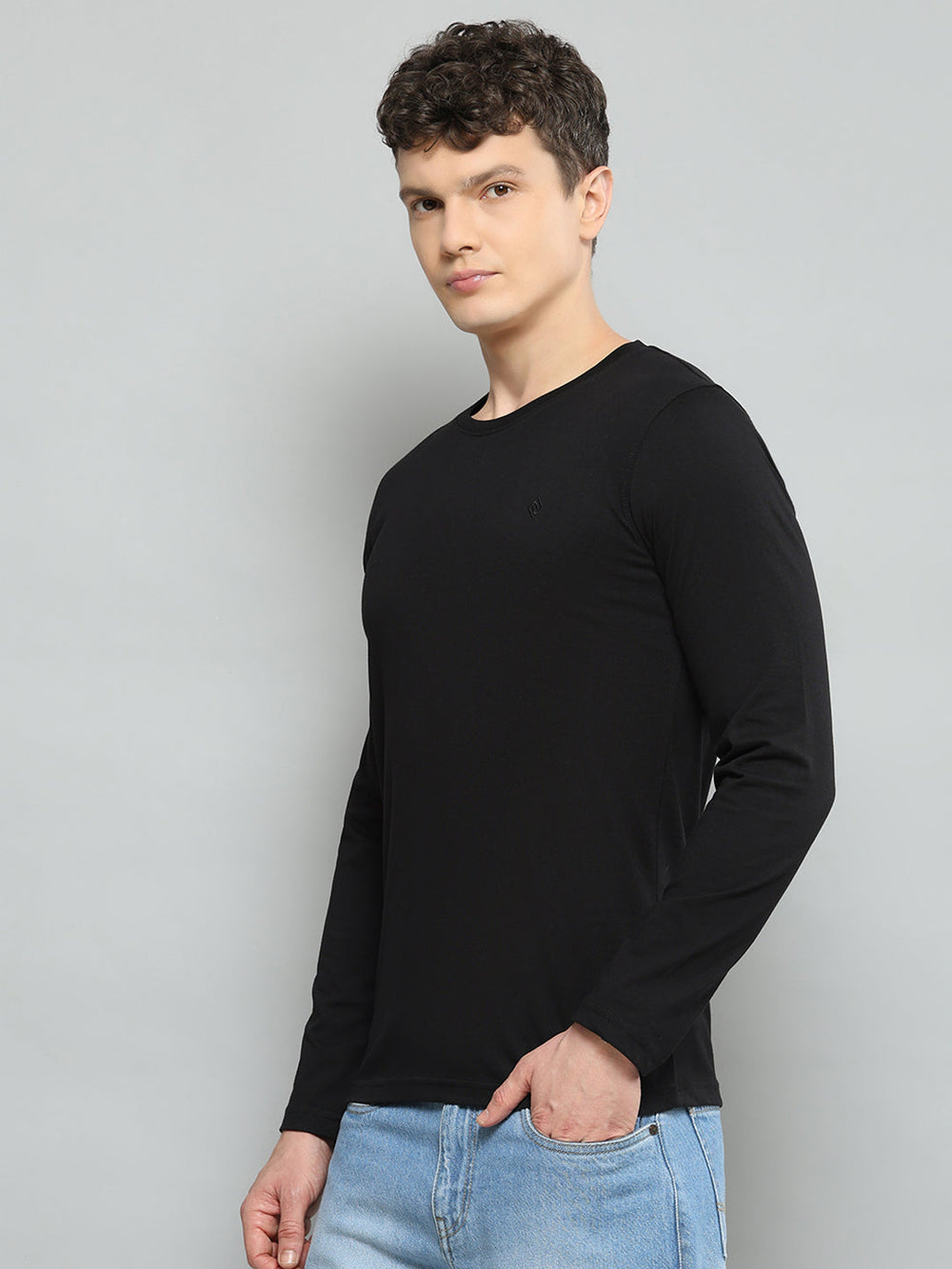 Men Black Solid Round Neck Full Sleeve T-Shirt - Goyalsons ShopMax