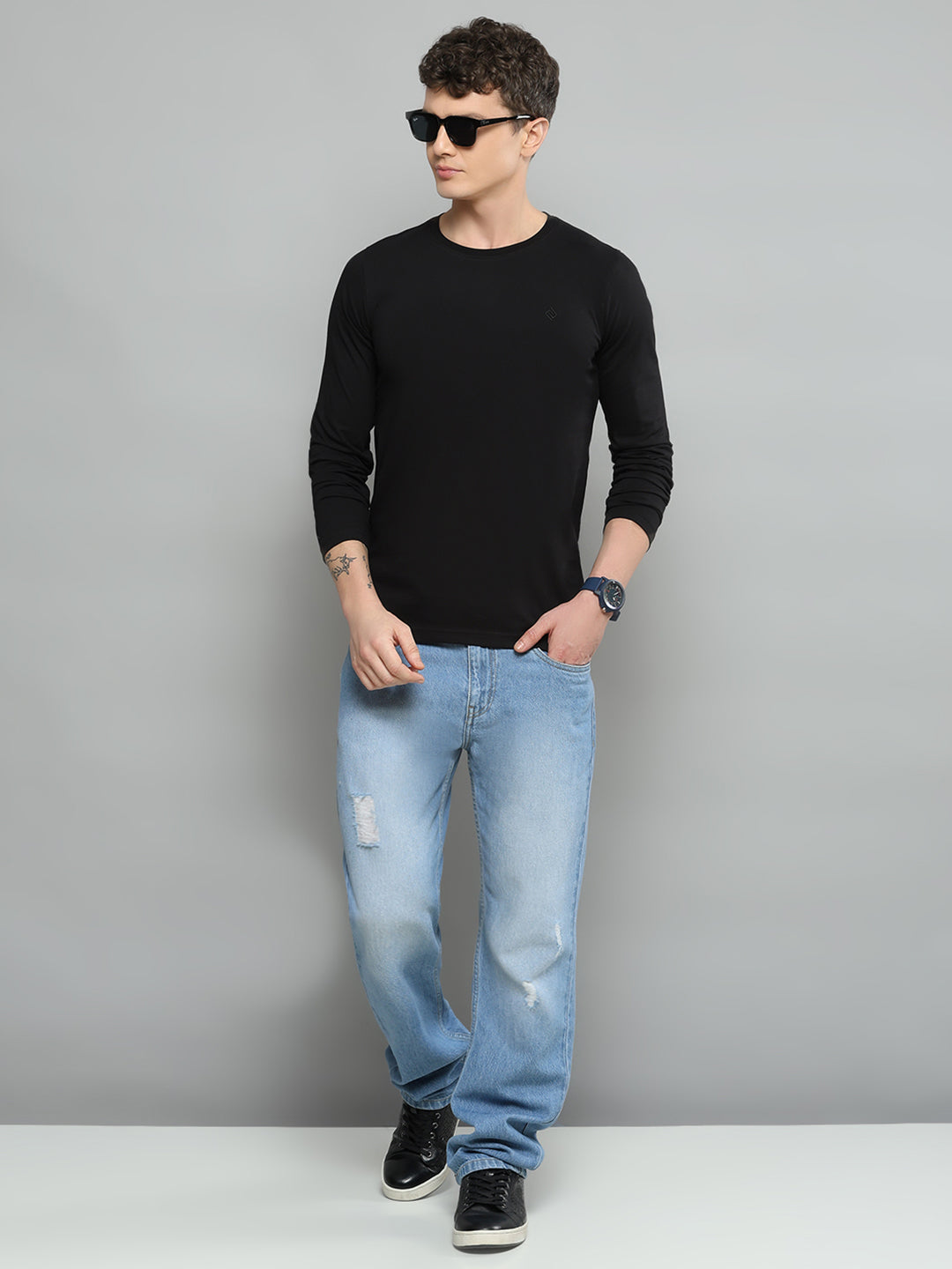 Men Black Solid Round Neck Full Sleeve T-Shirt - Goyalsons ShopMax